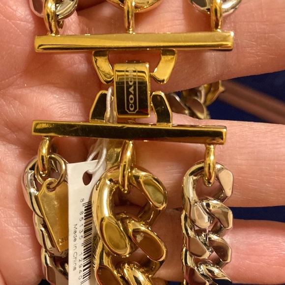 NWT Coach multicolored rhinestone heart pendant & silver/gold LG link bracelet - Picture 11 of 16